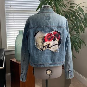 Distressed Re-vamped Levi’s Peek-a-boo Skull Rose Denim Jacket